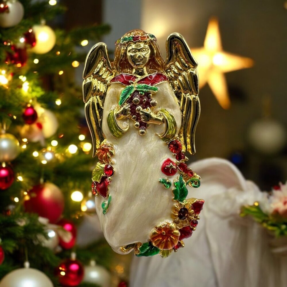 Vintage Christopher Radko Angel Brooch Pin Golden Wings Rhinestones Enamel